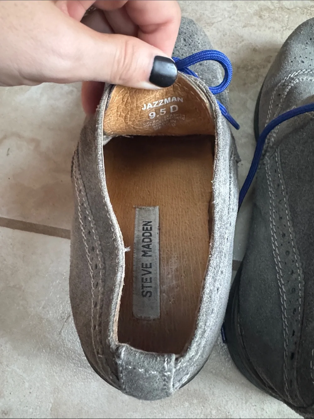 Men's Gray Suede Wingtip Oxfords with Blue Laces